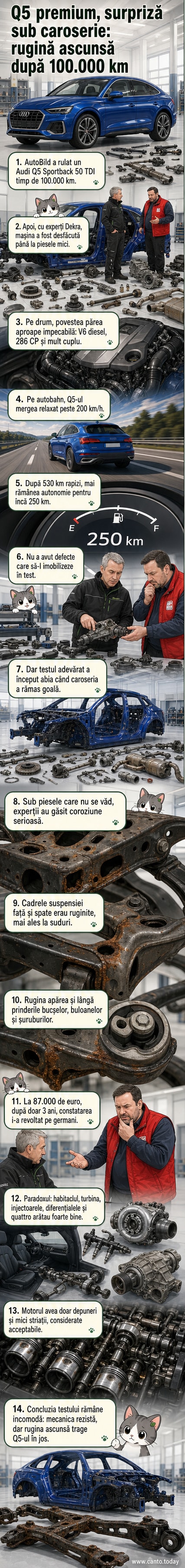 Ilustrație webtoon care arată un Audi Q5 dezasamblat, cu cadrele de suspensie expuse și ruginite în zone critice, în contrast cu un motor curat și funcțional.