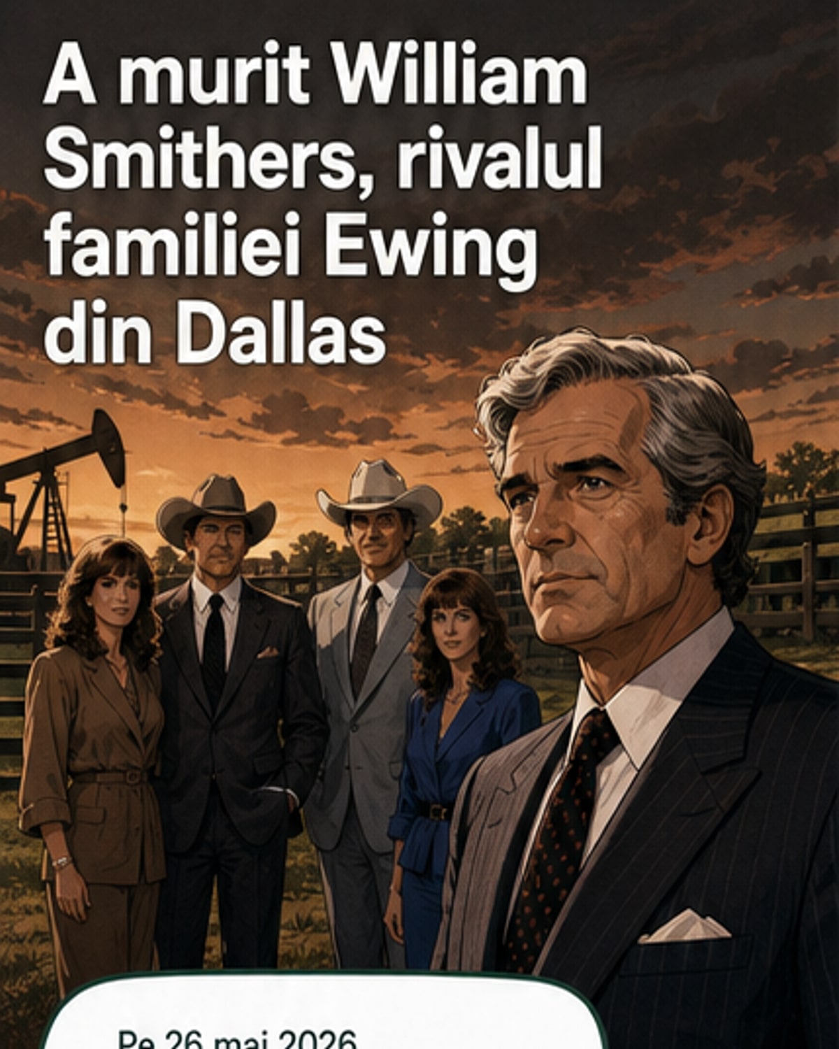 Portret al actorului William Smithers într-o scenă din serialul „Dallas”, cu titlul „A murit vedeta cultă din Dallas”.