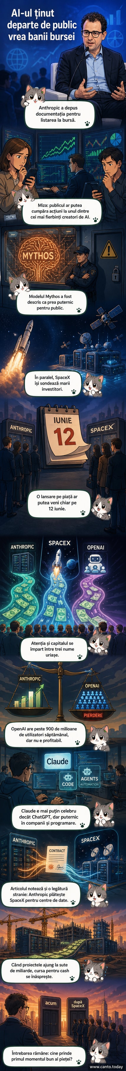 Două diagrame: una arată evaluarea în creștere a companiei Anthropic, iar cealaltă ilustrează relația financiară cu SpaceX prin contractul de 15 miliarde de dolari.