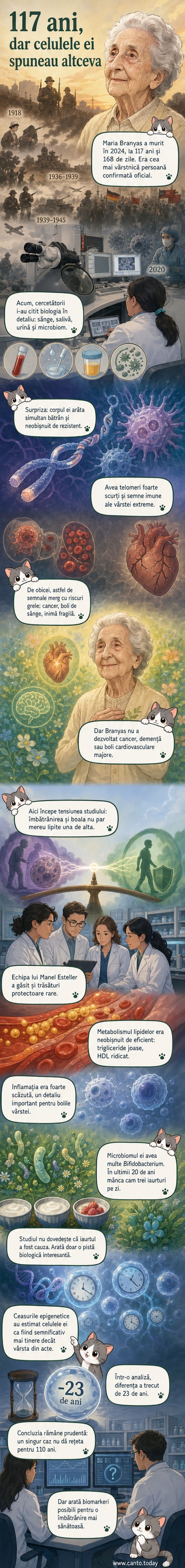 Ilustrație schematică a corpului unei femei în vârstă, cu panouri care evidențiază telomeri scurți, microbiom intestinal sănătos, niveluri optime de colesterol și vârstă epigenetică redusă.
