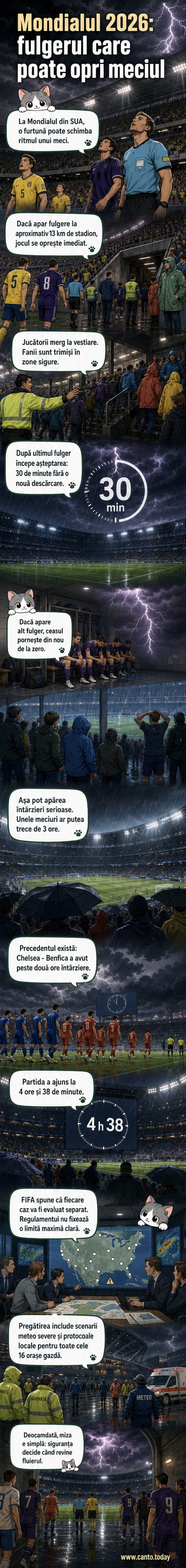 Un stadion de fotbal golit din cauza unei furtuni electrice, cu jucători părăsind terenul și spectatori conduși în zone sigure.