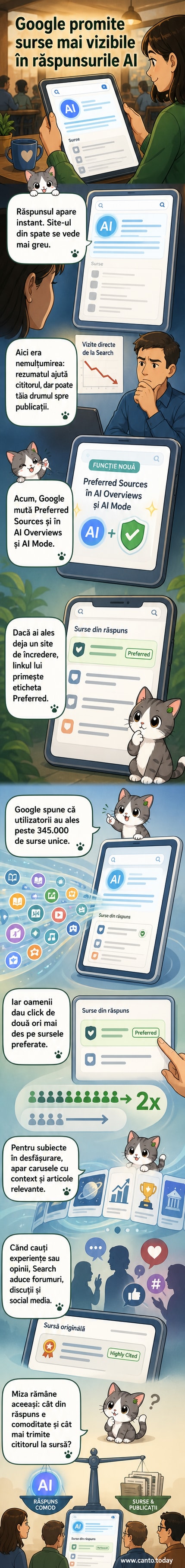 Ilustrație cu un utilizator care selectează site-uri preferate în Google Search, iar în fundal apare un răspuns AI cu eticheta 'Preferred' pe un link către un articol.