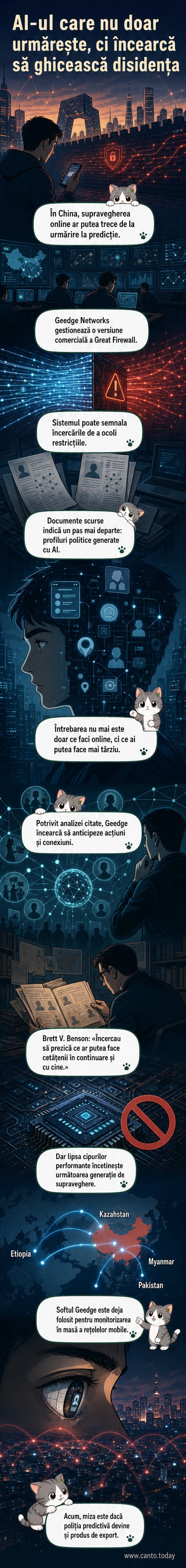 Ilustrație cu un chip digital care analizează fețe într-o rețea, simbolizând supravegherea AI în China