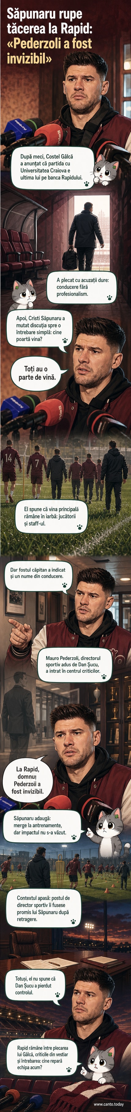 Ilustrație cu Cristi Săpunaru arătând spre un scaun gol marcat cu numele lui Mauro Pederzoli, într-un vestiar al Rapidului.