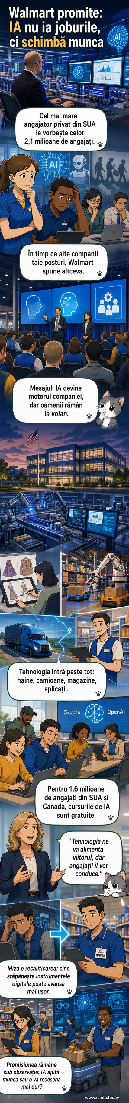 Ilustrație cu un angajat Walmart folosind un tablet cu simboluri de inteligență artificială, într-un magazin modern, cu mesajul 'IA te sprijină, nu te înlocuiește'.