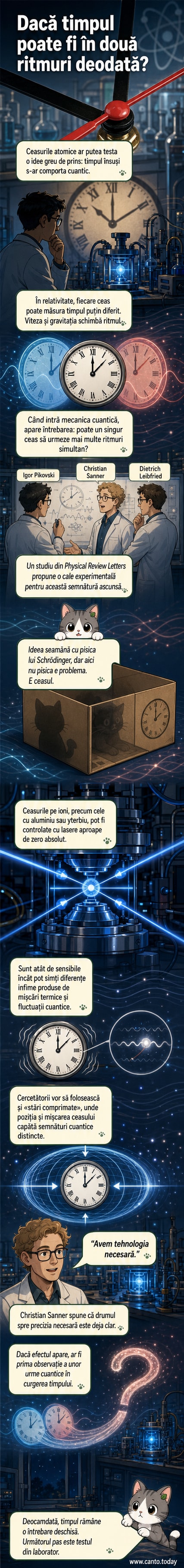 Un ceas atomic stilizat, cu linii de timp care se desfac în mai multe direcții simultan, simbolizând superpoziția temporală într-un cadru cuantic.