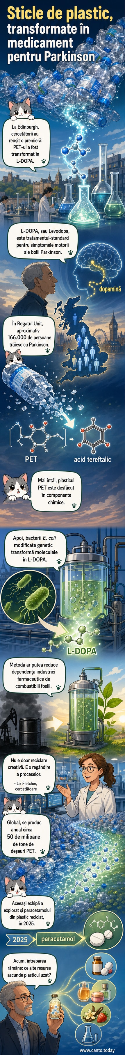 O sticlă de plastic se transformă într-un flacon cu medicament pentru Parkinson, ilustrând procesul științific de conversie prin bacterii modificate