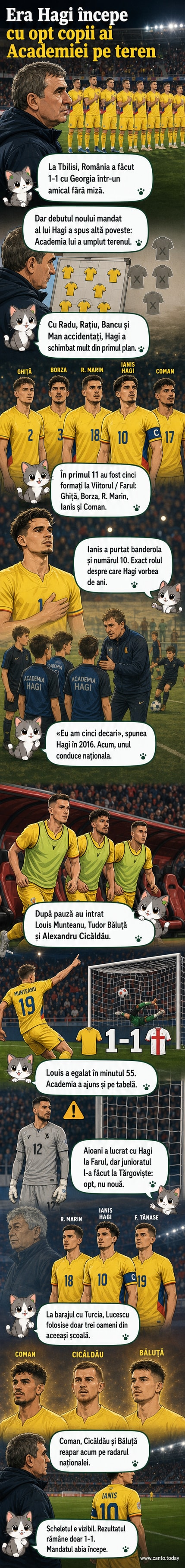 O echipă de fotbal în tricouri tricolore pe un stadion din Georgia, cu portrete ale jucătorilor formați în Academia Hagi în jur.