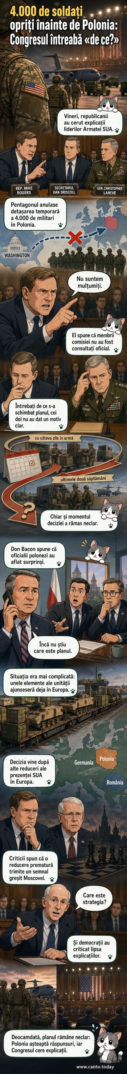 Ilustrație cu un general american în fața unui panel de parlamentari, hărți ale Europei în fundal, și un avion militar cu echipament în tranzit spre Polonia, dar cu o semnătură de anulare pe hartă.