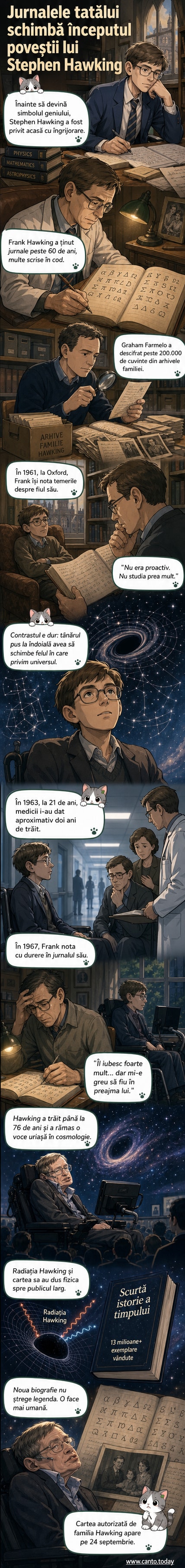 Ilustrație stilizată a unui jurnal deschis, cu simboluri grecești și litere codificate, alături de o siluetă într-un scaun cu rotile care privește spre stele.