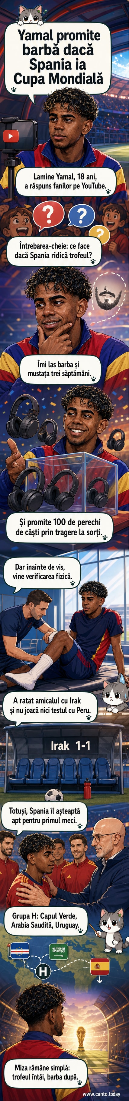 Ilustrație webtoon cu Lamine Yamal zâmbind, cu o barbă stilizată în fundal, simbolizând promisiunea lui dacă Spania câștigă CM 2026.