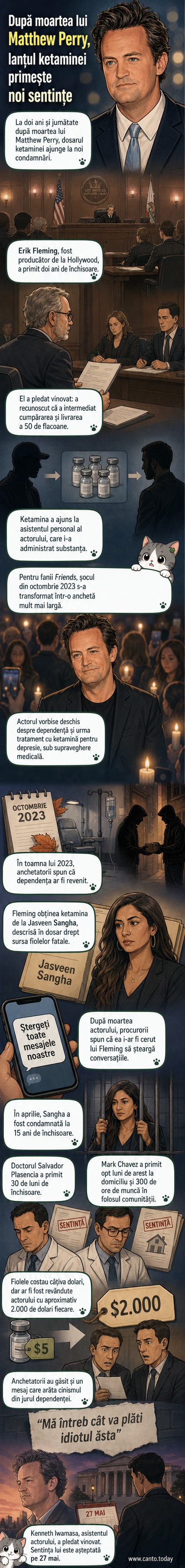 Ilustrație stilizată care reprezintă o rețea de distribuție a ketaminei legată de moartea lui Matthew Perry, cu personaje cheie: un producător, un medic, un dealer și asistentul personal.
