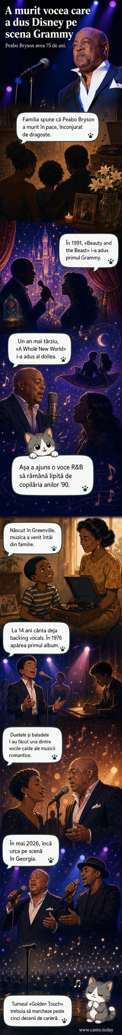 Portret artistic al lui Peabo Bryson cu note muzicale și siluete din filmele Disney „Beauty and the Beast” și „Aladdin” în fundal.