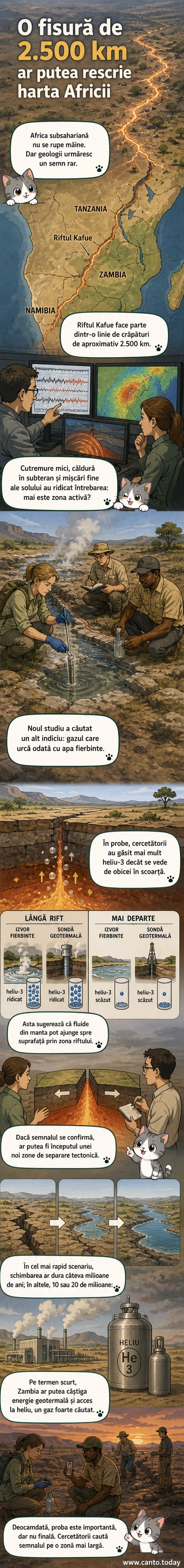 Ilustrație a Riftului Kafue care se extinde sub Africa, cu linii de crăpare și emisii de gaze din profunzime.