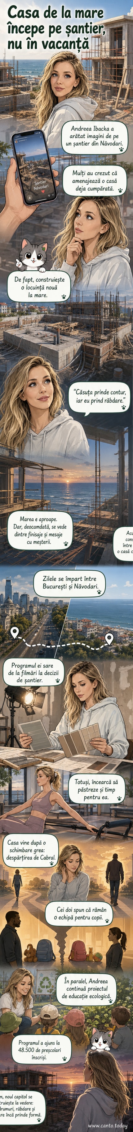 Imagini din construcția casei Andreei Ibacka în Năvodari, cu schele, materiale de construcție și vederea parțială a structurii viitoarei locuințe.