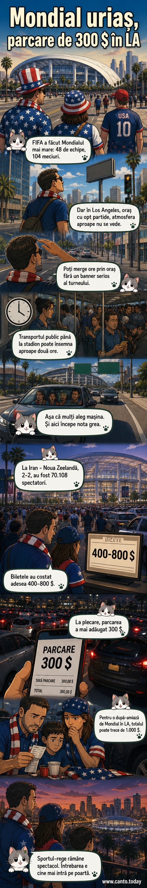 Ilustrație cu un stadion din Los Angeles închis într-un parcaj plin, cu prețuri exorbitante afișate pe panouri, în timp ce fani dezamăgiți ies din mașini.