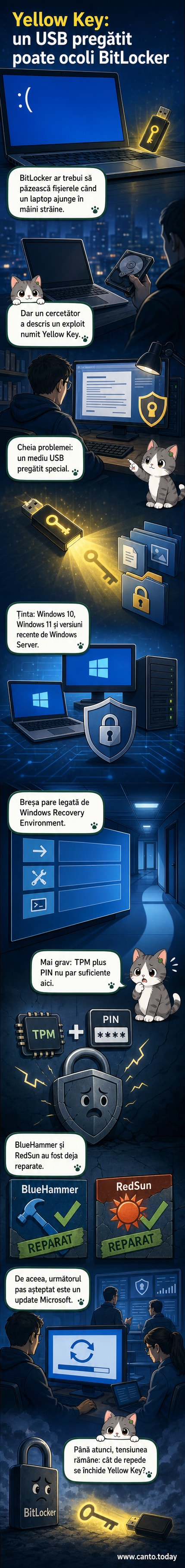 Ilustrație cu un stick USB introdus într-un laptop Windows, cu un scut de protecție spart simbolic pe ecran, sugerând o vulnerabilitate în criptarea BitLocker.