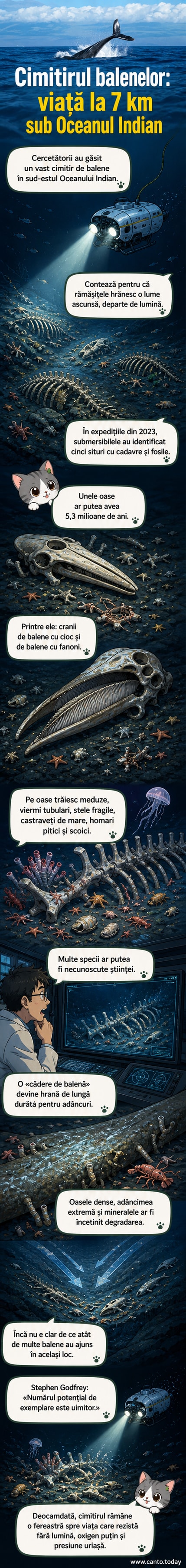 Ilustrație subacvatică a unui cimitir de balene la adâncime mare, cu schelete fosilizate acoperite de creaturi marine precum viermi tubulari și stele de mare, în lumina slabă a unui submersibil.