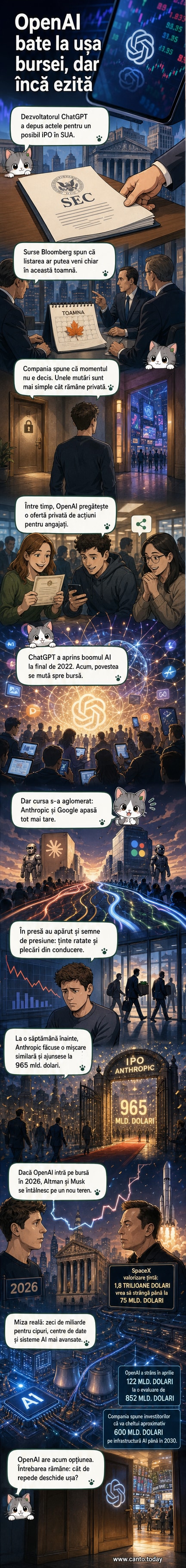 Ilustrație cu logo-urile OpenAI, Anthropic și SpaceX aliniate pe o linie de bursă, cu săgeți ascendente care indică evaluări record.