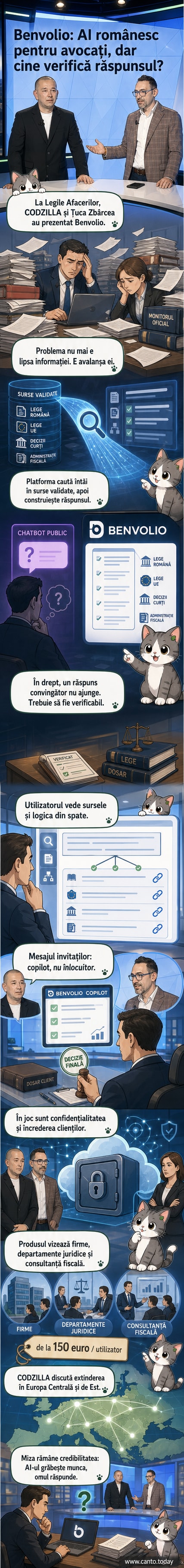 Ilustrație care arată un avocat lucrând la calculator, cu un asistent AI românesc numit Benvolio afișat pe ecran, analizând documente juridice și fiscale într-un mediu profesional modern.