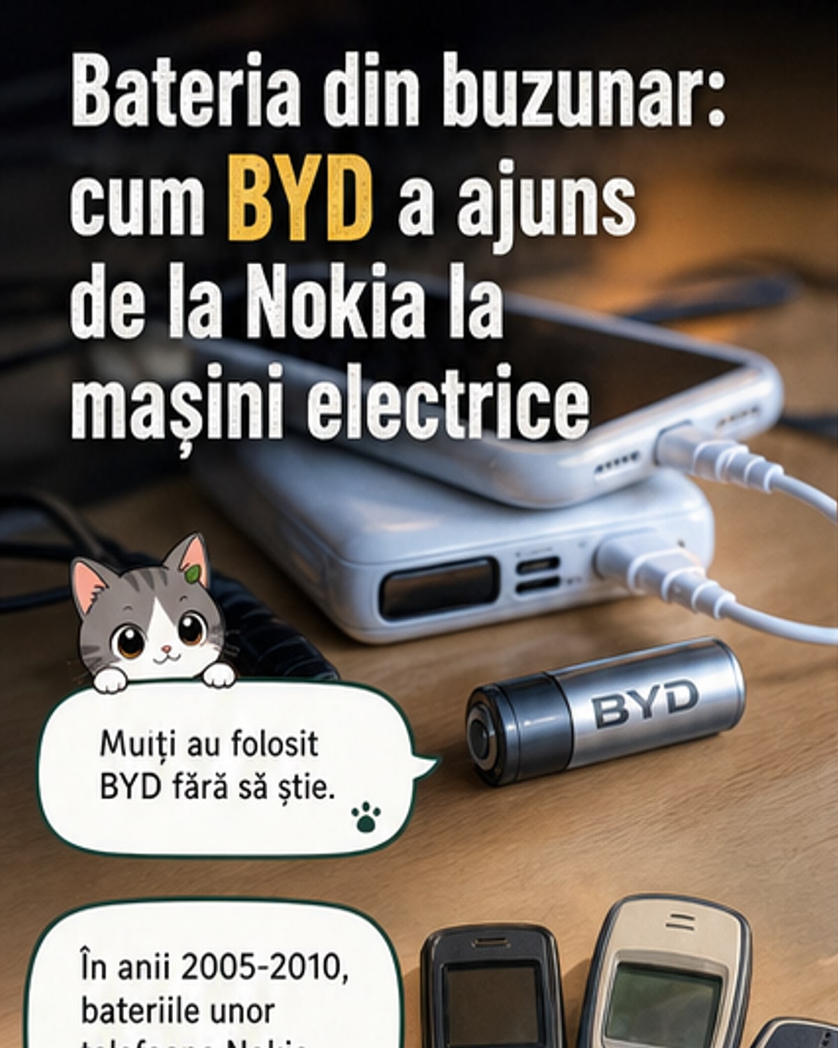 Ilustrație care arată evoluția BYD: de la baterii pentru telefoane mobile la mașini și autobuze electrice, cu dispozitive Nokia și iPhone în fundal.