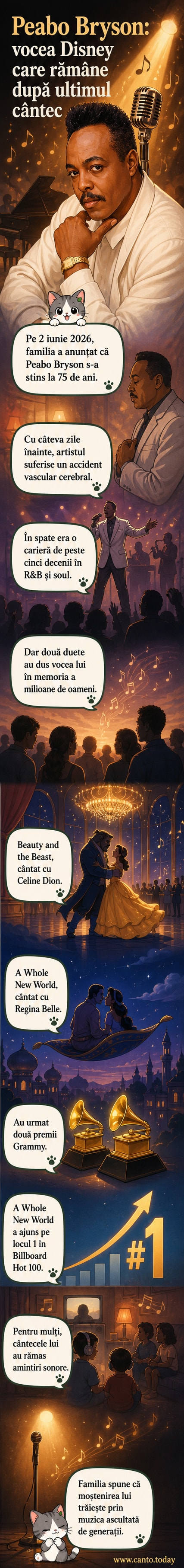 Portret stilizat al lui Peabo Bryson cu fundal din scenele filmelor Disney pentru care a cântat: Aladdin și Beauty and the Beast.