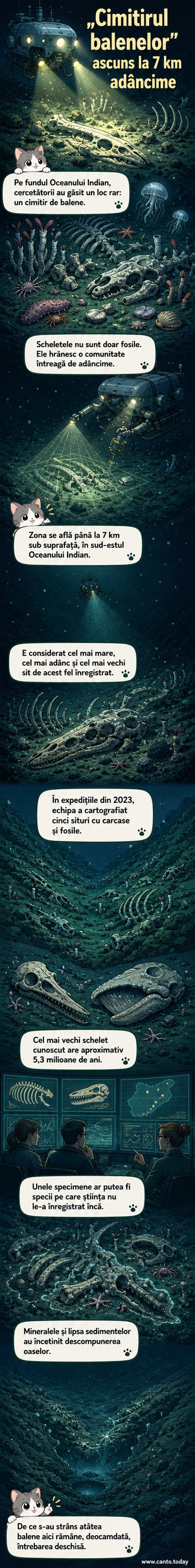 Ilustrare webtoon: fundul oceanului cu schelete fosilizate de balene înconjurate de creaturi marine stranii, într-un mediu întunecat la 7 km adâncime.
