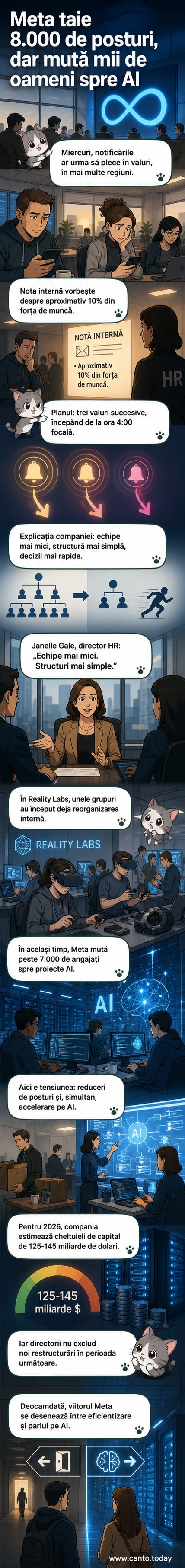 Ilustrație care arată o clădire de birouri Meta cu o parte din angajați plecând, în timp ce alții intră într-un centru de date AI marcat cu simboluri de inteligență artificială.