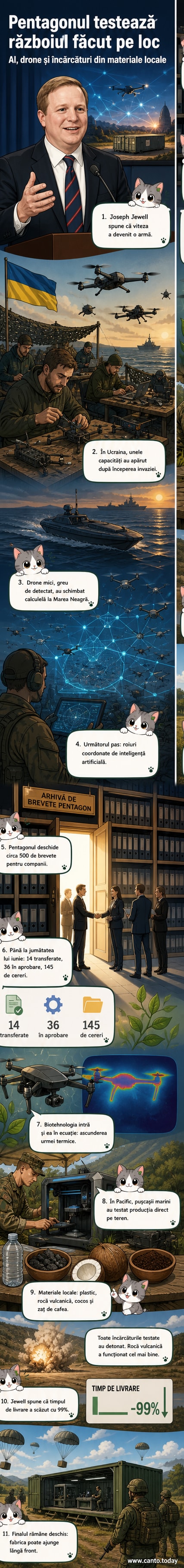 Ilustrație a unei imprimante 3D militare care produce o încărcătură explozivă din materiale reciclate: coji de nucă de cocos, zaț de cafea și rocă vulcanică.