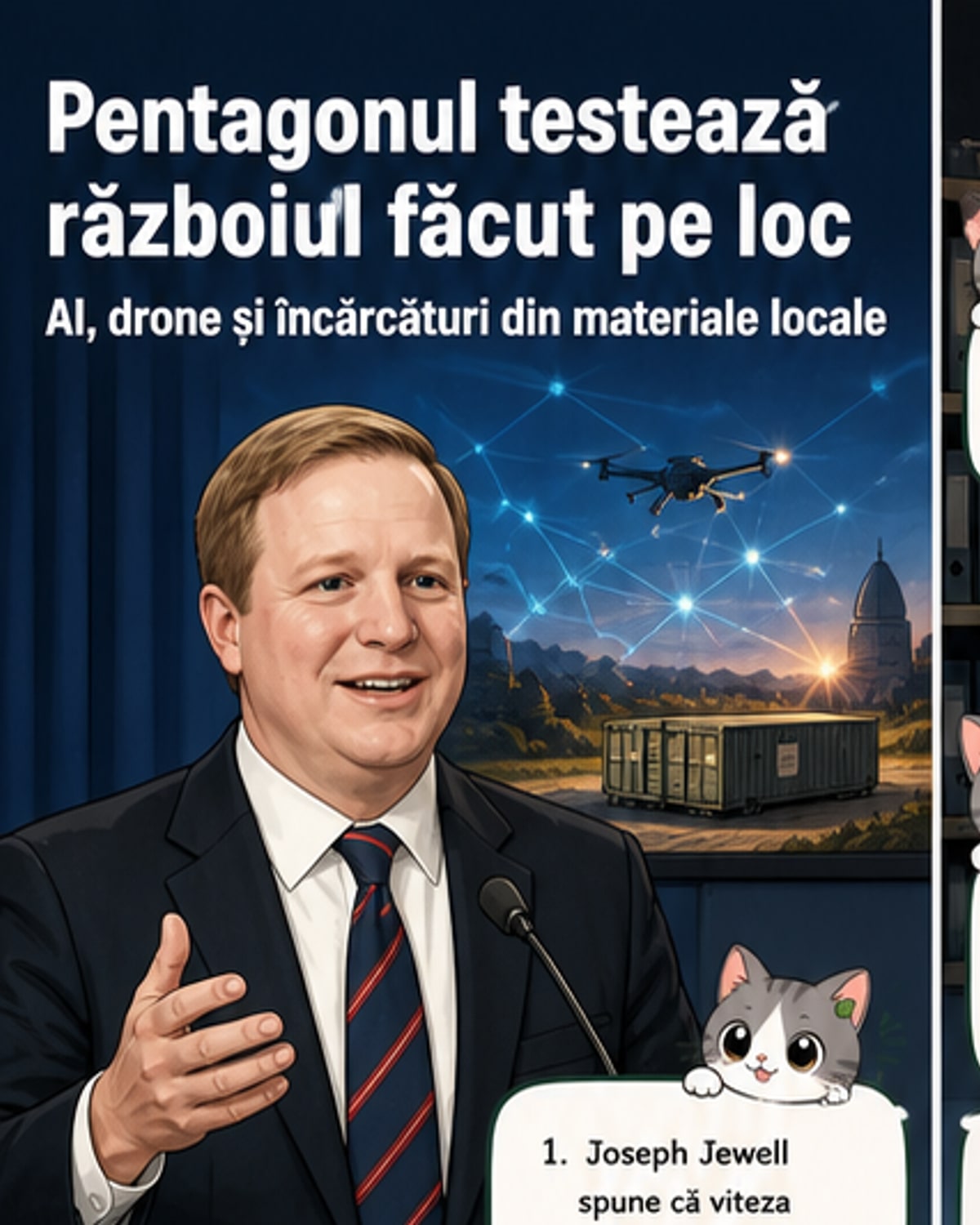 Ilustrație a unei imprimante 3D militare care produce o încărcătură explozivă din materiale reciclate: coji de nucă de cocos, zaț de cafea și rocă vulcanică.