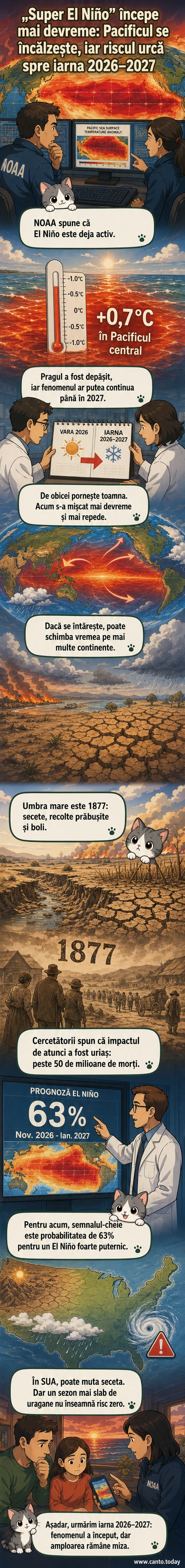 Ilustrație a unui ocean suprăîncălzit în Pacific, cu linii de curent cald care se extind spre coastele Americii de Sud și Asia, înconjurat de simboluri de secetă, furtună și temperaturi extreme.