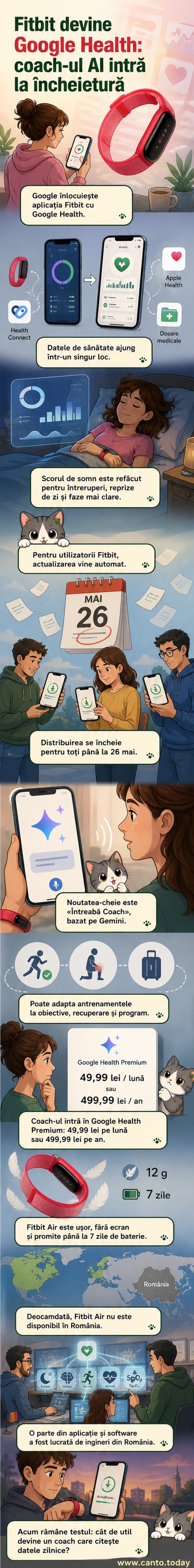 Ilustrație cu un utilizator verificând starea de sănătate pe un smartphone cu aplicația Google Health, alături de o brățară Fitbit Air și un asistent AI reprezentat ca o voce digitală.