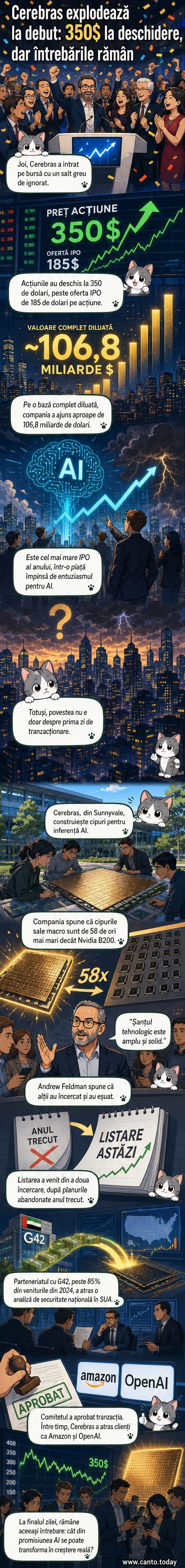 Grafic animat al evoluției prețului acțiunii Cerebras în prima zi de tranzacționare, cu săgeți care arată creșterea de la 185 la peste 380 de dolari, într-un cadru de bursă digitală.