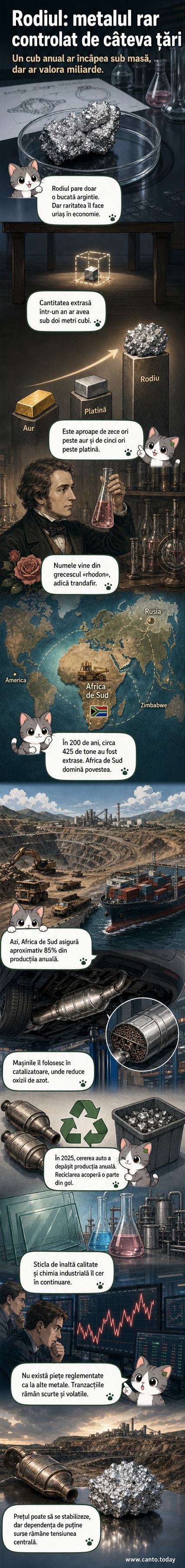 Ilustrație a unui cub mic de rodiu argintiu, cu o comparație vizuală între valoarea sa și cea a aurului, într-un cadru industrial.