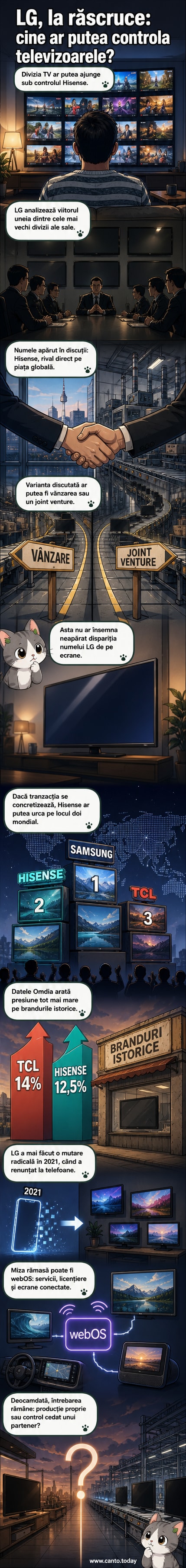 Un bărbat stă în fața unui televizor LG într-un living modern, cu un alt ecran spart în fundal, simbolizând tranziția companiei din hardware către software.