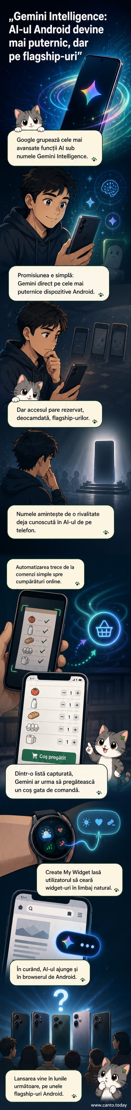 Ilustrație care reprezintă logo-ul Google Gemini pe un smartphone Android, cu funcții de inteligență artificială care ies din ecran sub formă de pictograme: automatizare, widgeturi personalizate, browser AI.