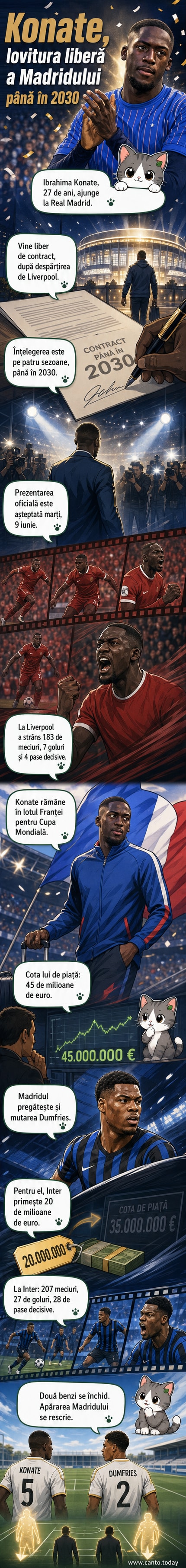 Ibrahima Konaté în tricoul Real Madrid, lângă emblemă, cu mingea la picior.