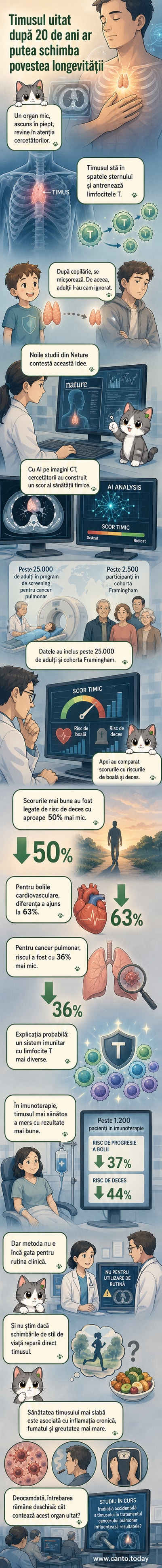 Ilustrație a unui timus sănătos în torace, cu celule T în activitate, simbolizând longevitatea și imunitatea crescută.