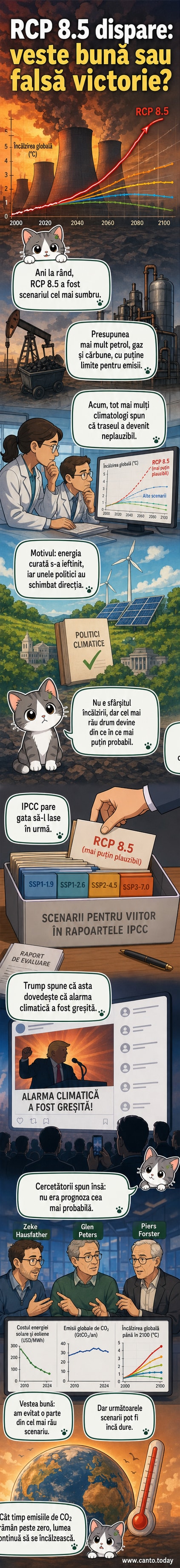 Ilustrație care reprezintă un scenariu climatic apocaliptic cu cer întunecat, orașe inundate și fum din centrale termice, cu un grafic în fundal care arată scăderea probabilității scenariului RCP 8.5.
