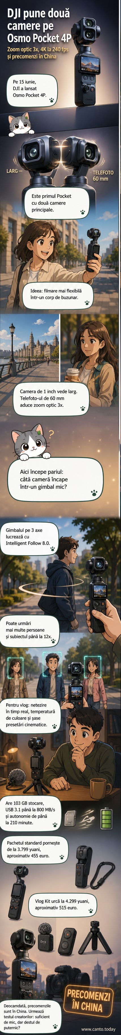 Osmo Pocket 4P în mână, cu imaginea pe ecran arătând o scenă filmată cu zoom optic 3x