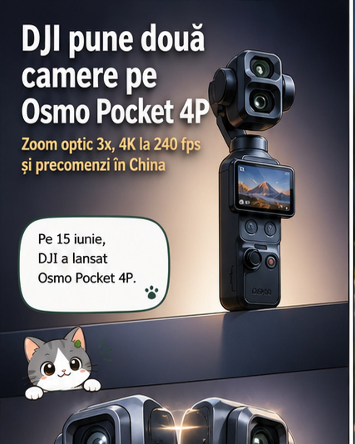 Osmo Pocket 4P în mână, cu imaginea pe ecran arătând o scenă filmată cu zoom optic 3x