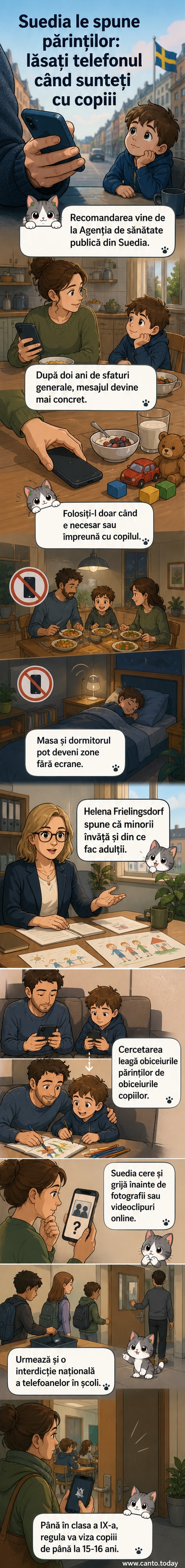 O mână de adult pune un telefon pe masă, lângă un copil care privește, într-un living suedez cu lumină naturală