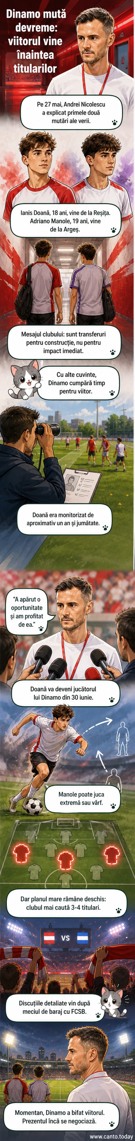 Ilustrație cu doi tineri jucători de fotbal în tricoul lui Dinamo, într-o scenă de transfer, cu fundal de stadion și grafică de evoluție.