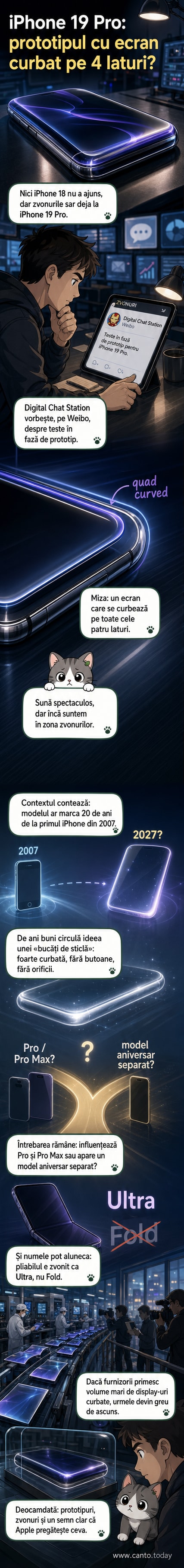 Ilustrație a unui iPhone cu ecran complet curbat pe toate laturile, fără butoane vizibile, într-un design minimalist de tip „bucată de sticlă”