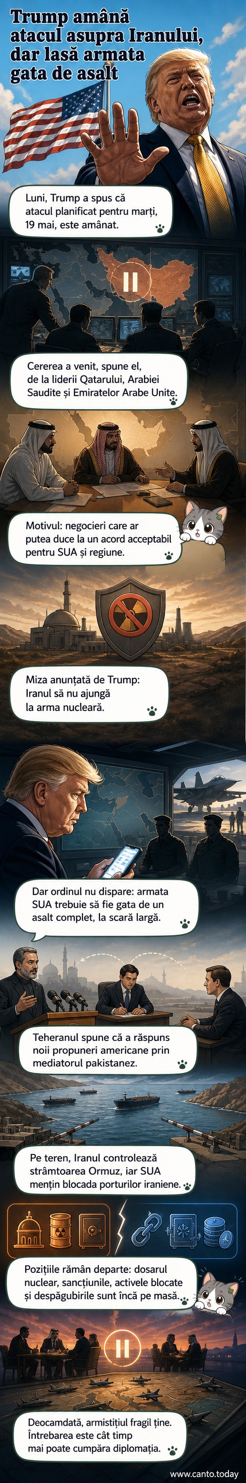 Ilustrare webtoon cu Donald Trump în fața unui panou militar, amânând un atac asupra Iranului, în timp ce lideri din Golf urmăresc discuțiile.
