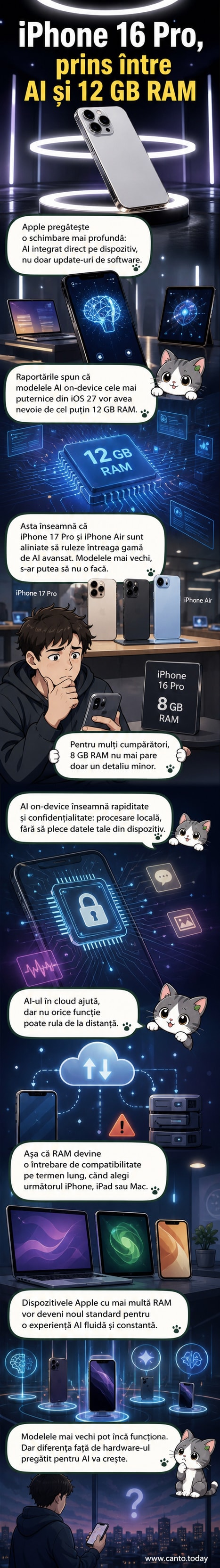 Ilustrație care arată un iPhone 16 Pro cu indicator de RAM roșu, alături de un iPhone 17 Pro cu semnul de verificare verde, simbolizând diferența în suportul AI.