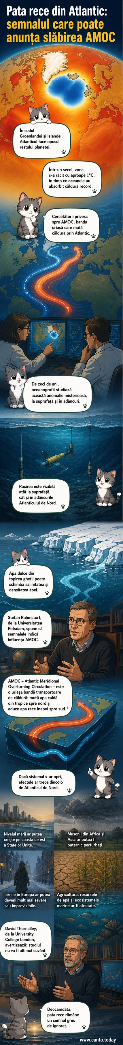 O hartă ilustrată a Atlanticului de Nord cu o zonă evidențiată în albastru rece, contrastând cu restul oceanelor încălziți, și o diagramă schematică a curentului AMOC care încetinește.