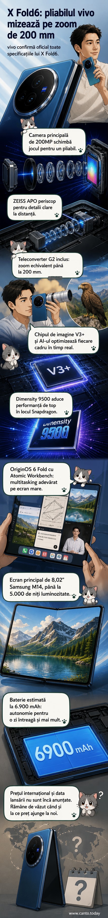 Ilustrație a unui telefon pliabil vivo X Fold6 cu o lentilă foto mare și un accesoriu ZEISS pentru zoom montat pe spate