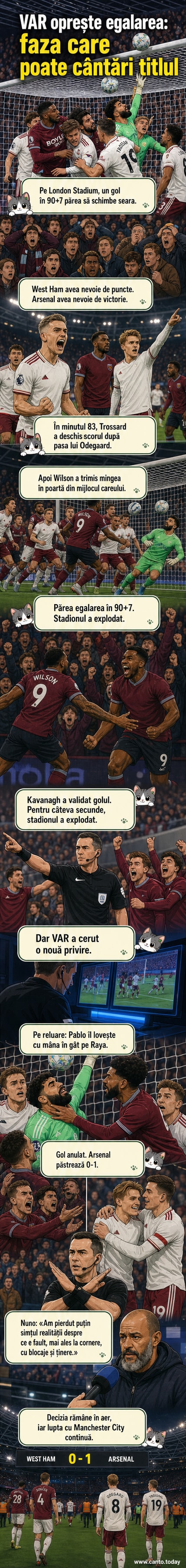 Stadionul London plin, jucători ai West Ham protestează după ce un gol a fost anulat în prelungiri în meciul cu Arsenal