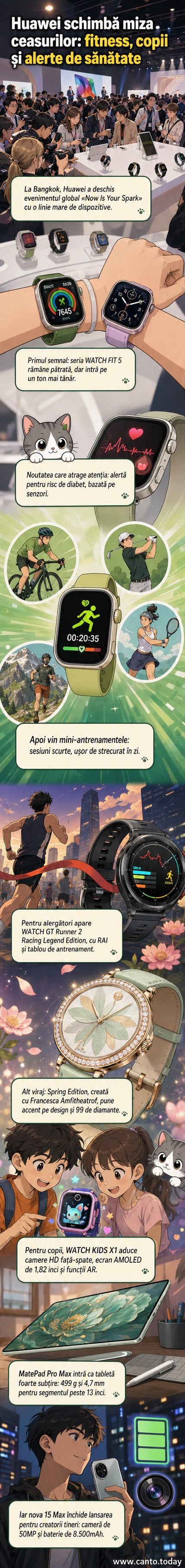Ilustrație cu noul design al ceasului Huawei pentru copii, tabletă subțire și telefon nou, într-un cadru modern de lansare tehnologică.